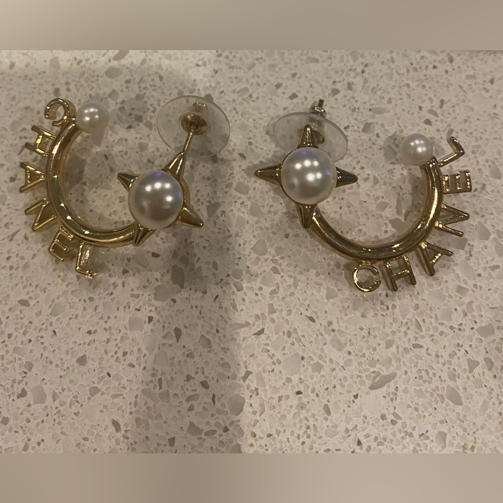 Gold Chanel Earrings Pearl Star with Hoop
